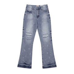 Gallery Dep, a trendy brand in Europe and America, features ink splatter, hole cutting, water washing, blue micro flared jeans, versatile casual pants