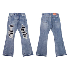 European and American fashion brand Gallery Dep ripped patch fabric tassel blue washed denim jeans micro flared retro long pants