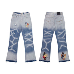 European and American fashion brand Gallery Dep splicing leather label water ripple washed blue distressed splicing micro flared jeans