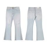 Gallery Dep, a trendy brand in Europe and America, has torn holes, cut and destroyed them, and worn them out. It is a washed blue micro flared denim pants and casual pants
