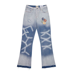 European and American fashion brand Gallery Dep splicing leather label water ripple washed blue distressed splicing micro flared jeans