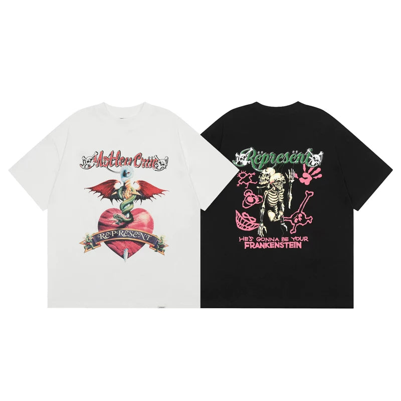REPRESENT, a trendy European and American brand, features a heart-shaped skull print on a summer unisex loose and casual cotton short sleeved T-shirt