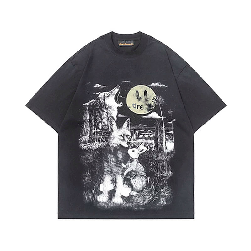 European and American trendy brand Drew smiley face animal world print retro distressed washed black high street loose short sleeved T-shirt tee