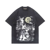 European and American trendy brand Drew smiley face animal world print retro distressed washed black high street loose short sleeved T-shirt tee