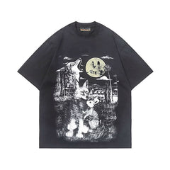 European and American trendy brand Drew smiley face animal world print retro distressed washed black high street loose short sleeved T-shirt tee