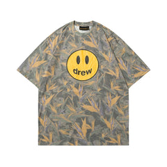 European and American fashion brand Drew's new smiley face leaf print short sleeved T-shirt for summer unisex loose cotton top