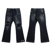 European and American fashion brand Gallery Dep splashed ink, ripped holes, washed water, black patchwork micro flared jeans, retro casual pants