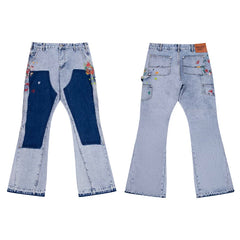 European and American fashion brand Gallery Dep ink splatter patch splicing cloth washed blue splicing micro pull denim pants