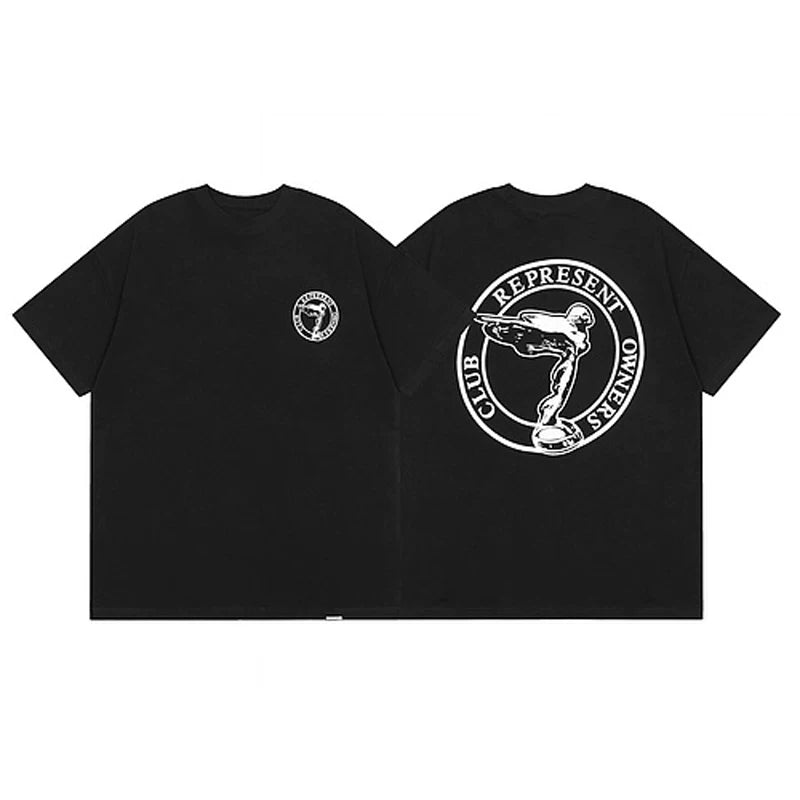 REPRESENT, a trendy European and American brand, features the emblem of the Flying Goddess printed on a short sleeved T-shirt. It is a loose fitting pure cotton T-shirt for both men and women