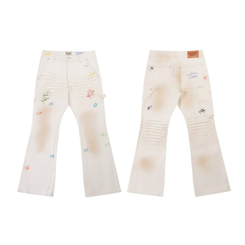 European and American fashion brand Gallery Dep mud dyed dirty air work pants washed off white patchwork micro flared jeans