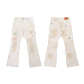 European and American fashion brand Gallery Dep mud dyed dirty air work pants washed off white patchwork micro flared jeans
