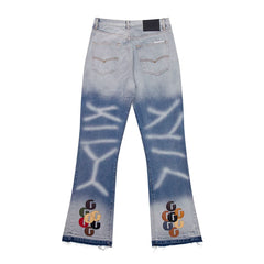European and American fashion brand Gallery Dep splicing leather label water ripple washed blue distressed splicing micro flared jeans
