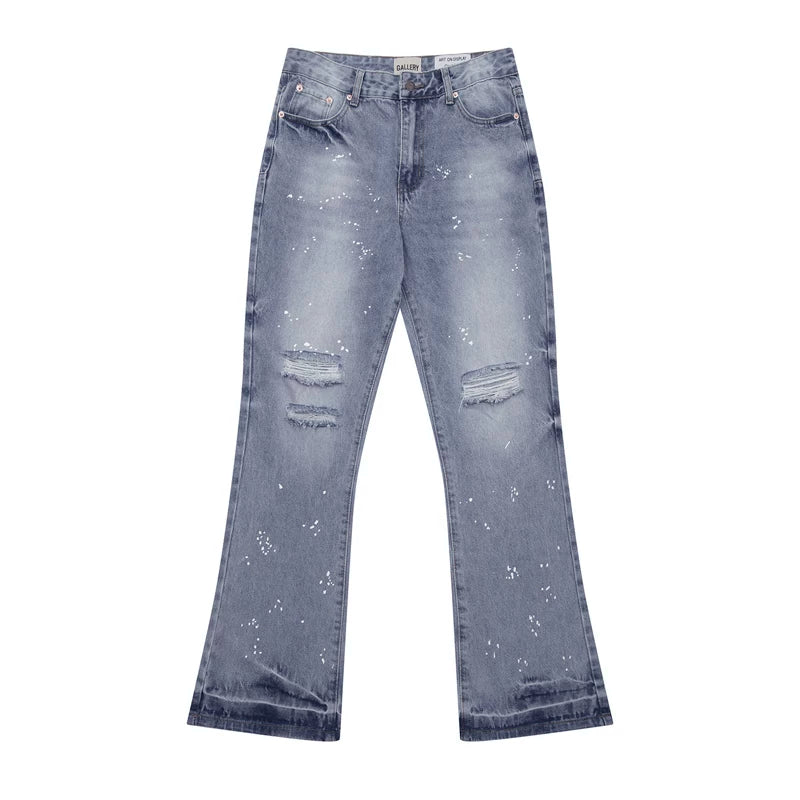 Gallery Dep, a trendy brand in Europe and America, features ink splatter, hole cutting, water washing, blue micro flared jeans, versatile casual pants