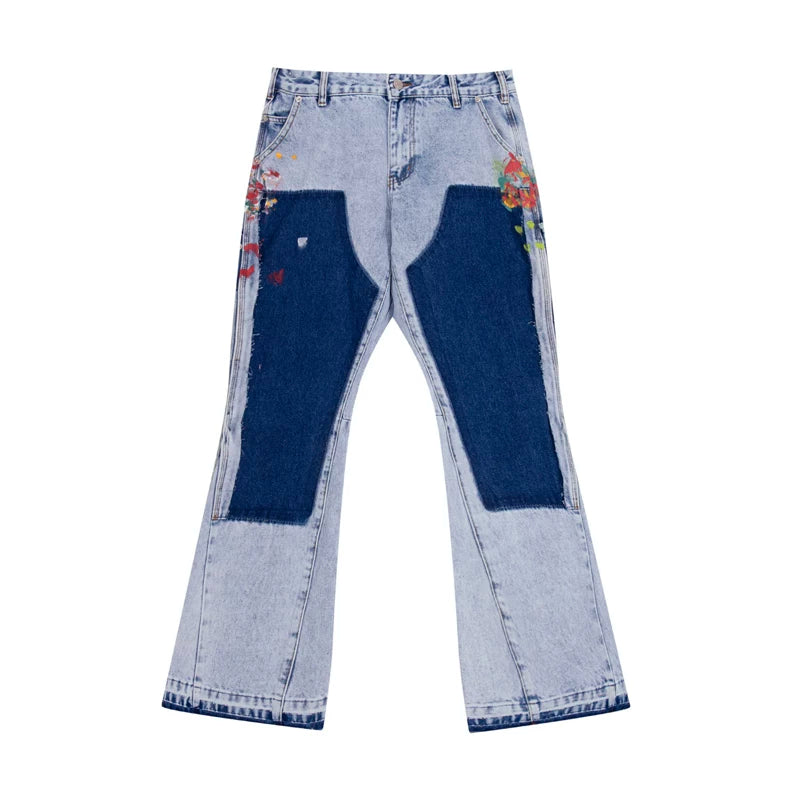 European and American fashion brand Gallery Dep ink splatter patch splicing cloth washed blue splicing micro pull denim pants