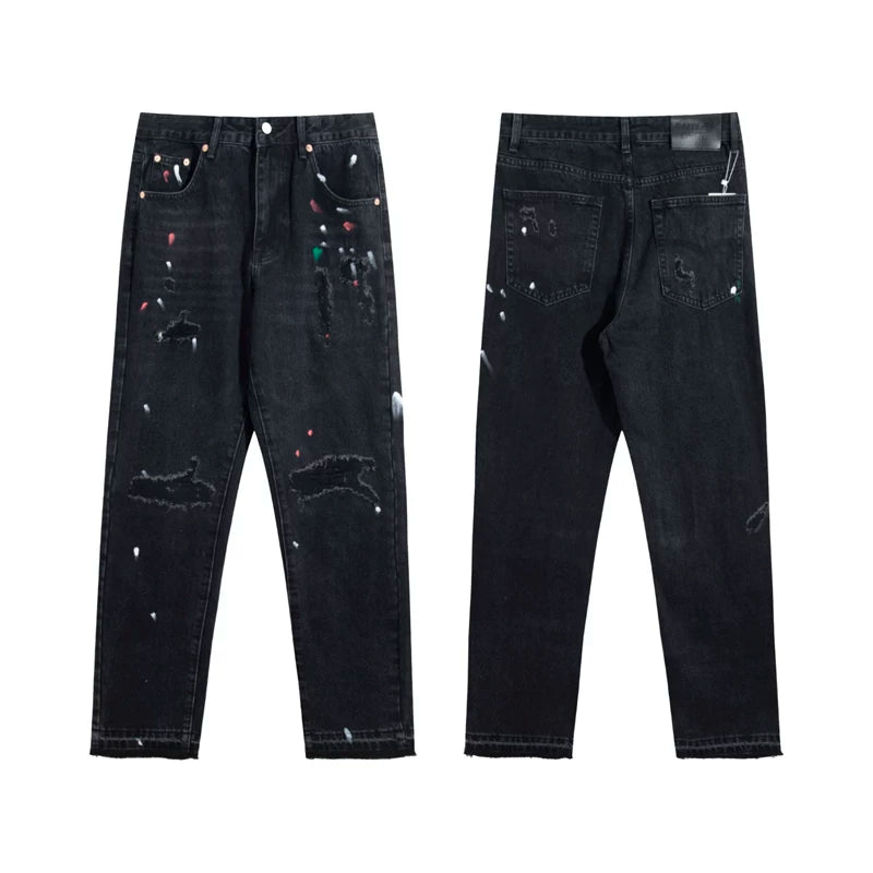 European and American fashion brand Gallery Dep vintage, splashed ink, ripped holes, washed water, black straight leg jeans, casual long pants