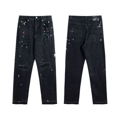 European and American fashion brand Gallery Dep vintage, splashed ink, ripped holes, washed water, black straight leg jeans, casual long pants
