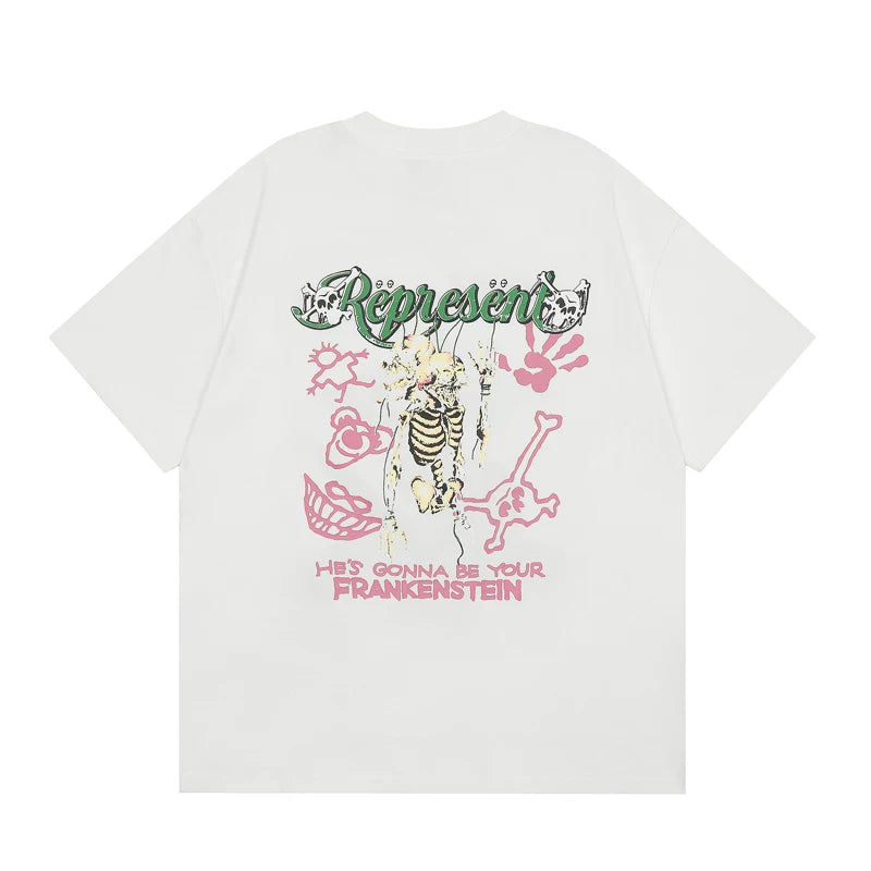 REPRESENT, a trendy European and American brand, features a heart-shaped skull print on a summer unisex loose and casual cotton short sleeved T-shirt