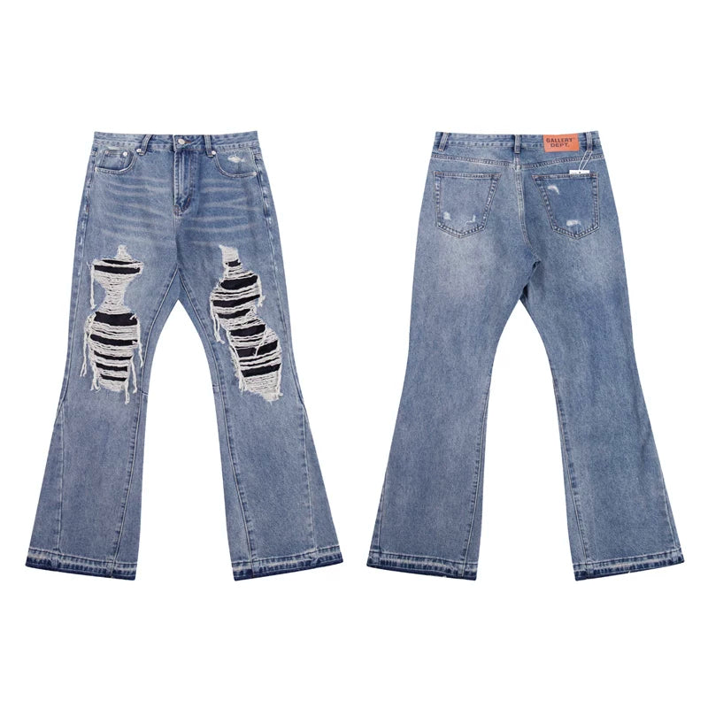 European and American fashion brand Gallery Dep ripped patch fabric tassel blue washed denim jeans micro flared retro long pants