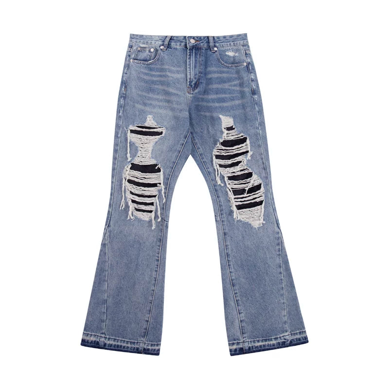 European and American fashion brand Gallery Dep ripped patch fabric tassel blue washed denim jeans micro flared retro long pants