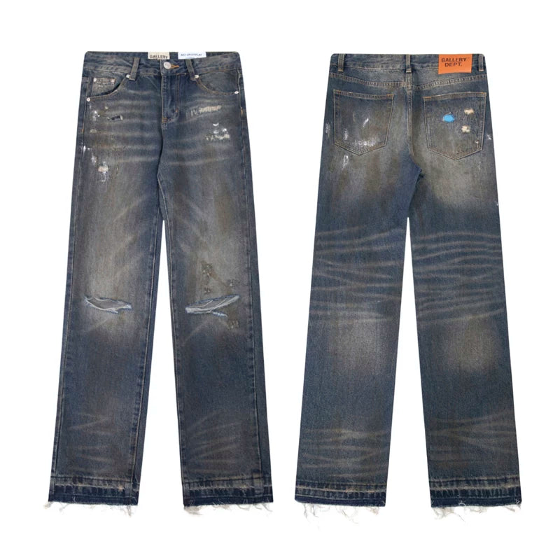 European and American fashion brand Gallery Dep retro splashed ink ripped embroidery washed water small straight tube leg tied casual jeans