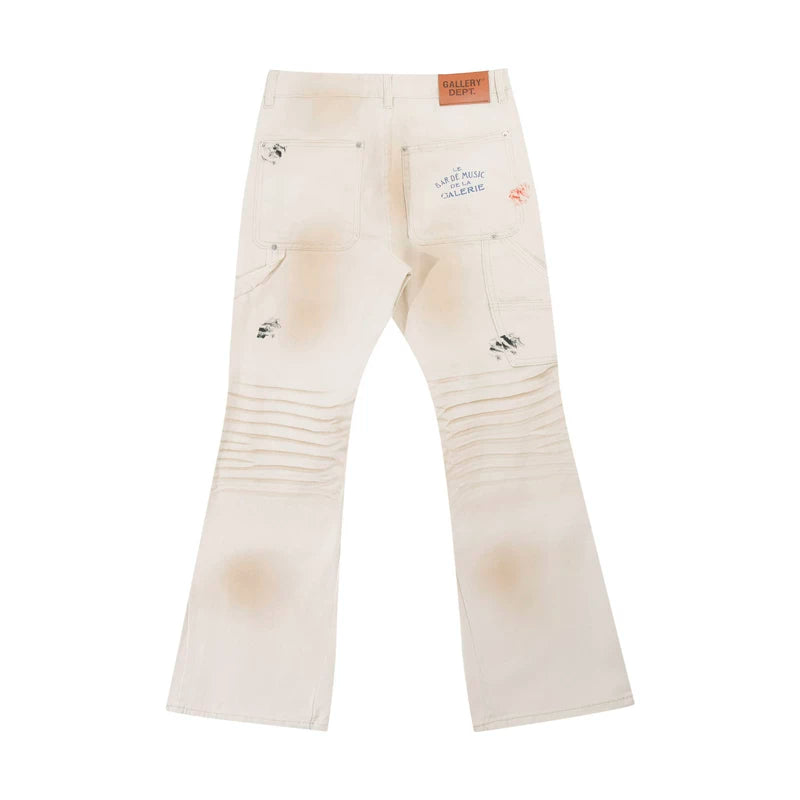 European and American fashion brand Gallery Dep mud dyed dirty air work pants washed off white patchwork micro flared jeans