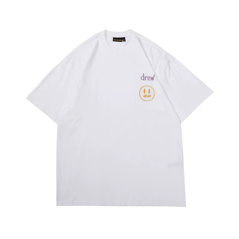 European and American fashion brand Drew's new embroidered smiling face printed short sleeved T-shirt for men and women in summer, versatile loose top for couples
