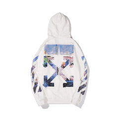 European and American fashion brand OFF warning line WO zipper hooded thin hoodie oil painting arrow versatile loose jacket for couples