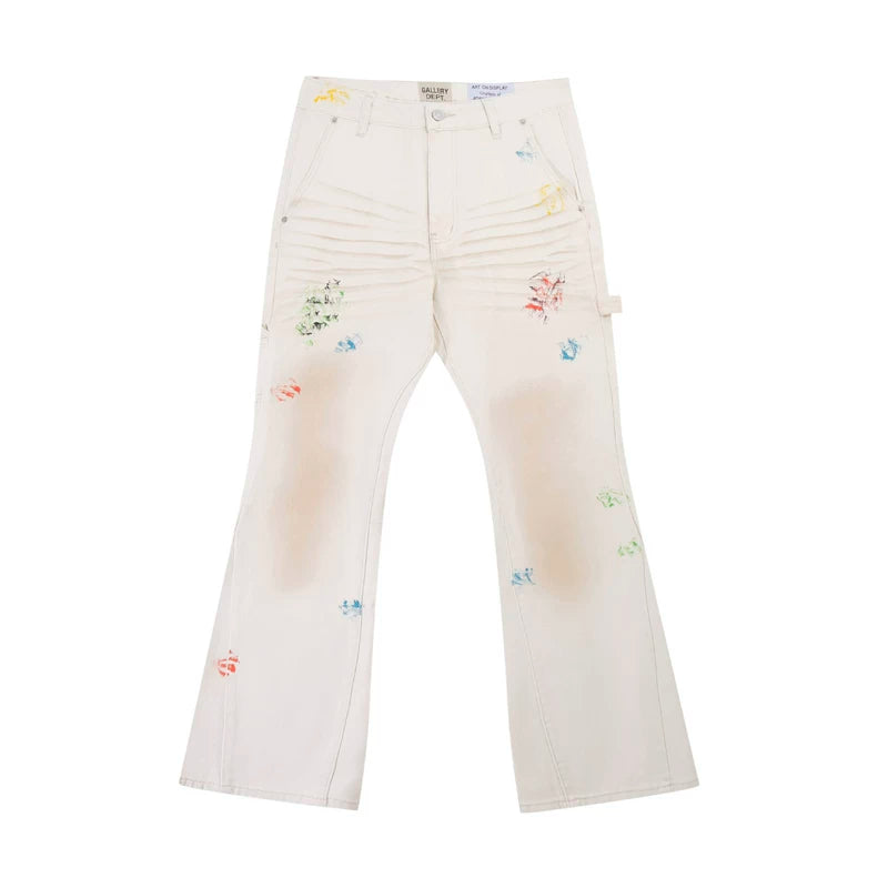 European and American fashion brand Gallery Dep mud dyed dirty air work pants washed off white patchwork micro flared jeans
