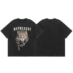 REPRESENT, a trendy European and American brand, is a vintage washed black panther head printed short sleeved T-shirt for men and women