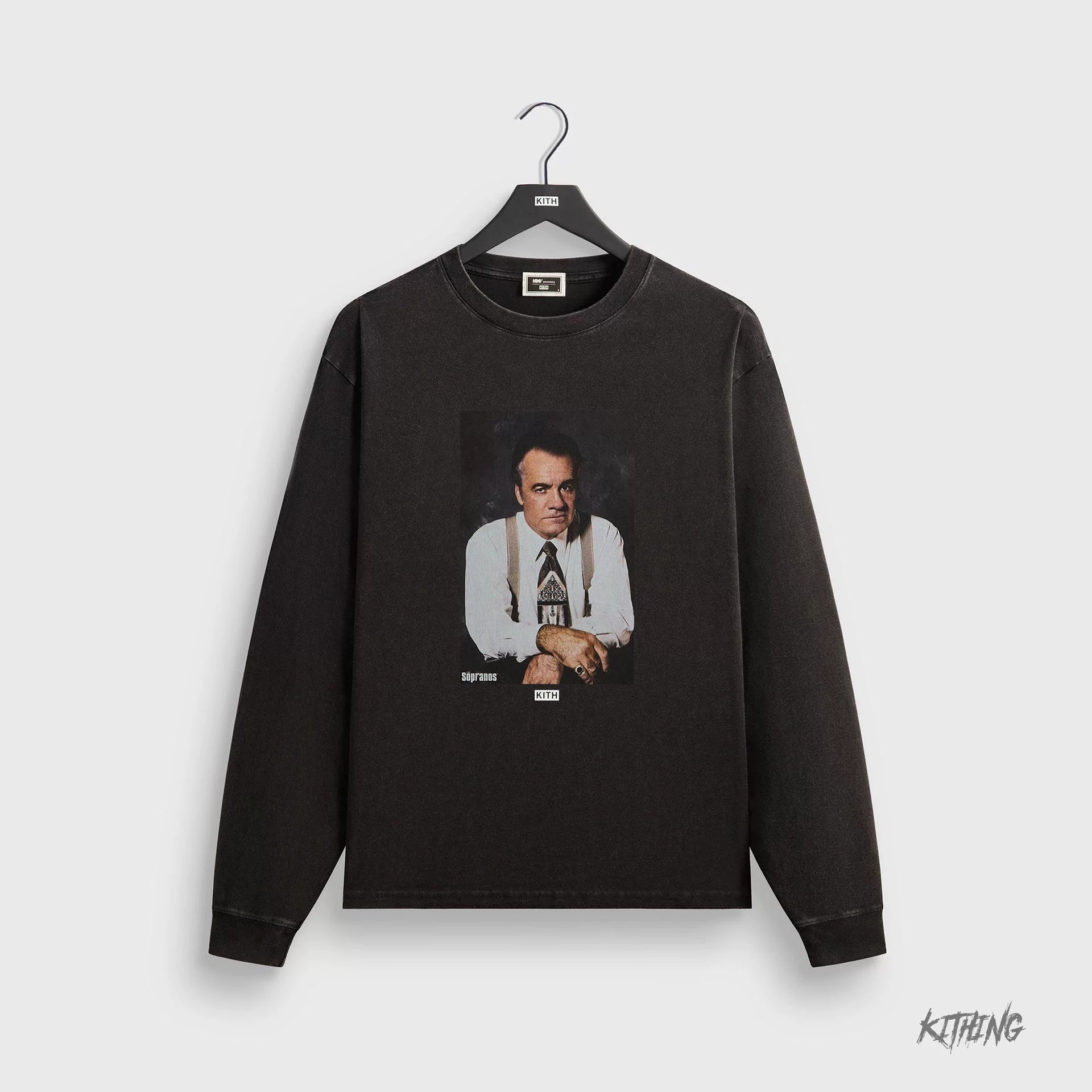 Kith collaborates with Sopranos mafia family for trendy, loose, retro, vintage men's fashion, heavyweight long sleeved T-shirt