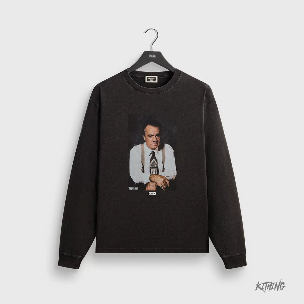 Kith collaborates with Sopranos mafia family for trendy, loose, retro, vintage men's fashion, heavyweight long sleeved T-shirt
