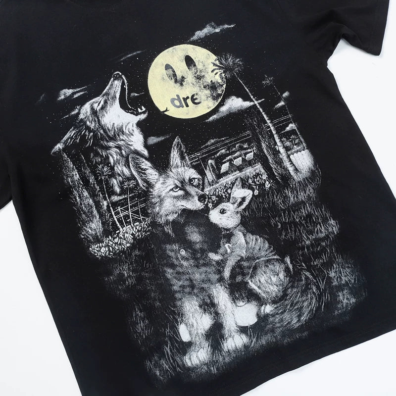European and American trendy brand Drew smiley face animal world print retro distressed washed black high street loose short sleeved T-shirt tee