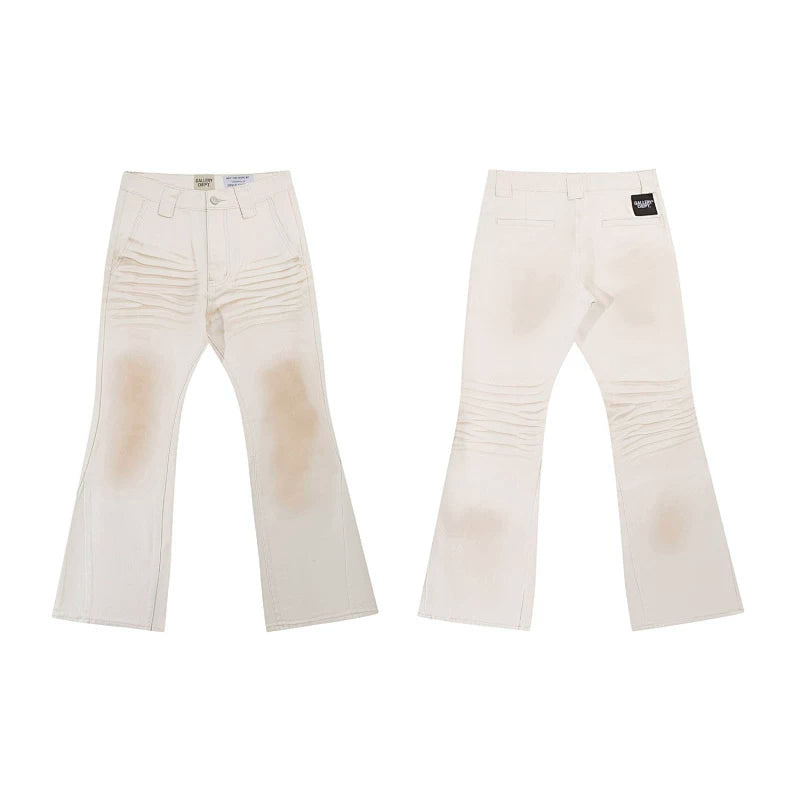 European and American fashion brand Gallery Dep dirty, wind, mud, dyed, used, washed, off white, spliced, slightly flared denim pants