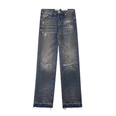 European and American fashion brand Gallery Dep retro splashed ink ripped embroidery washed water small straight tube leg tied casual jeans
