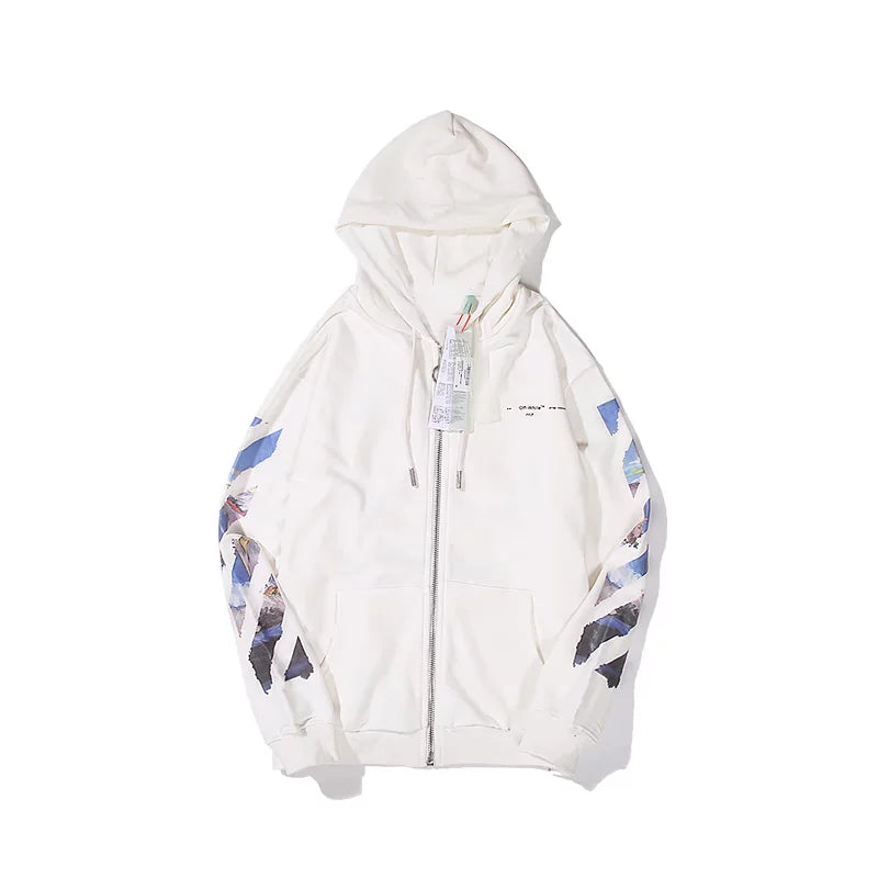 European and American fashion brand OFF warning line WO zipper hooded thin hoodie oil painting arrow versatile loose jacket for couples