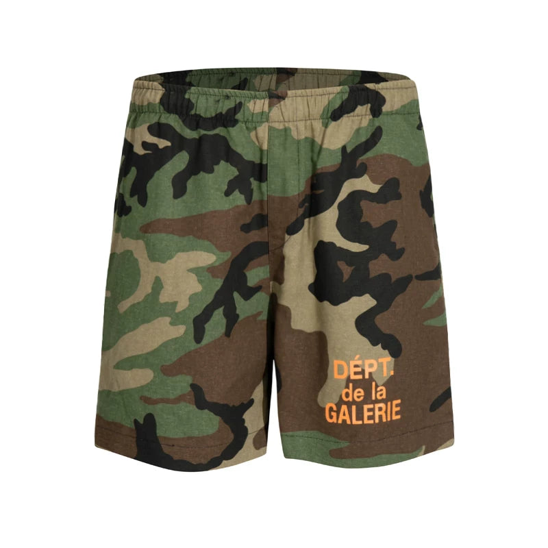 Gallery Trendy Dept Green Camouflage Letter Logo Printed Shorts Cotton Casual Pants Loose Quarter Pants Men