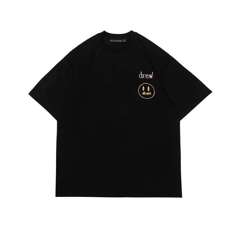 European and American fashion brand Drew's new embroidered smiling face printed short sleeved T-shirt for men and women in summer, versatile loose top for couples