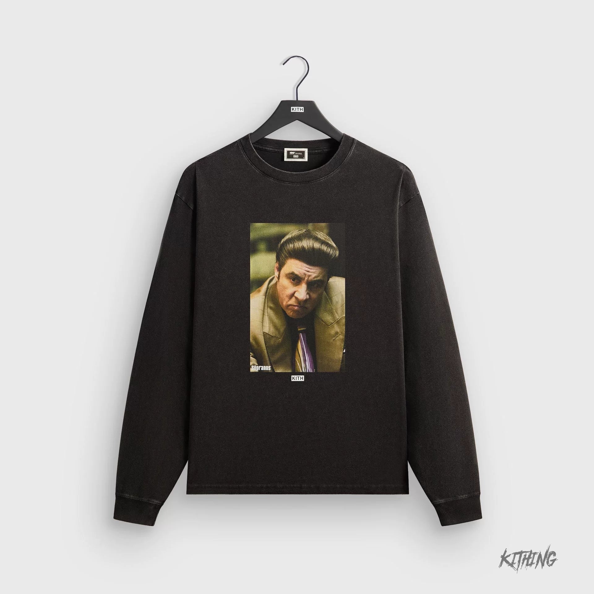 Kith collaborates with Sopranos mafia family for trendy, loose, retro, vintage men's fashion, heavyweight long sleeved T-shirt