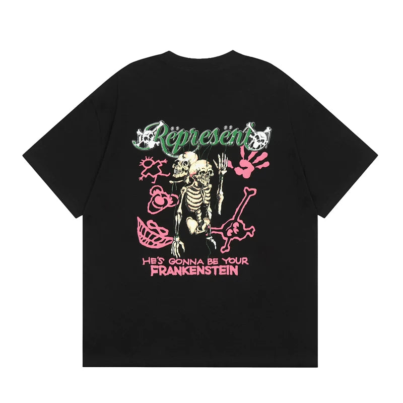 REPRESENT, a trendy European and American brand, features a heart-shaped skull print on a summer unisex loose and casual cotton short sleeved T-shirt
