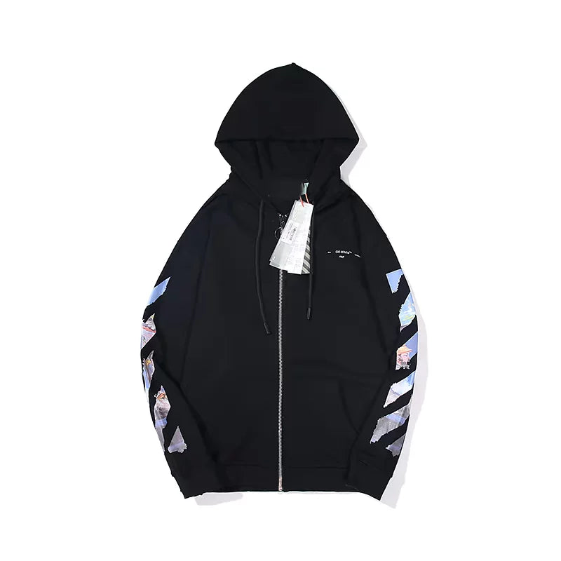 European and American fashion brand OFF warning line WO zipper hooded thin hoodie oil painting arrow versatile loose jacket for couples