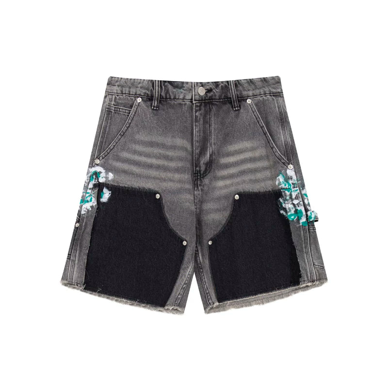 European and American fashion brand Gallery Dep splashed paint splicing work pants washed denim shorts retro five quarter pants