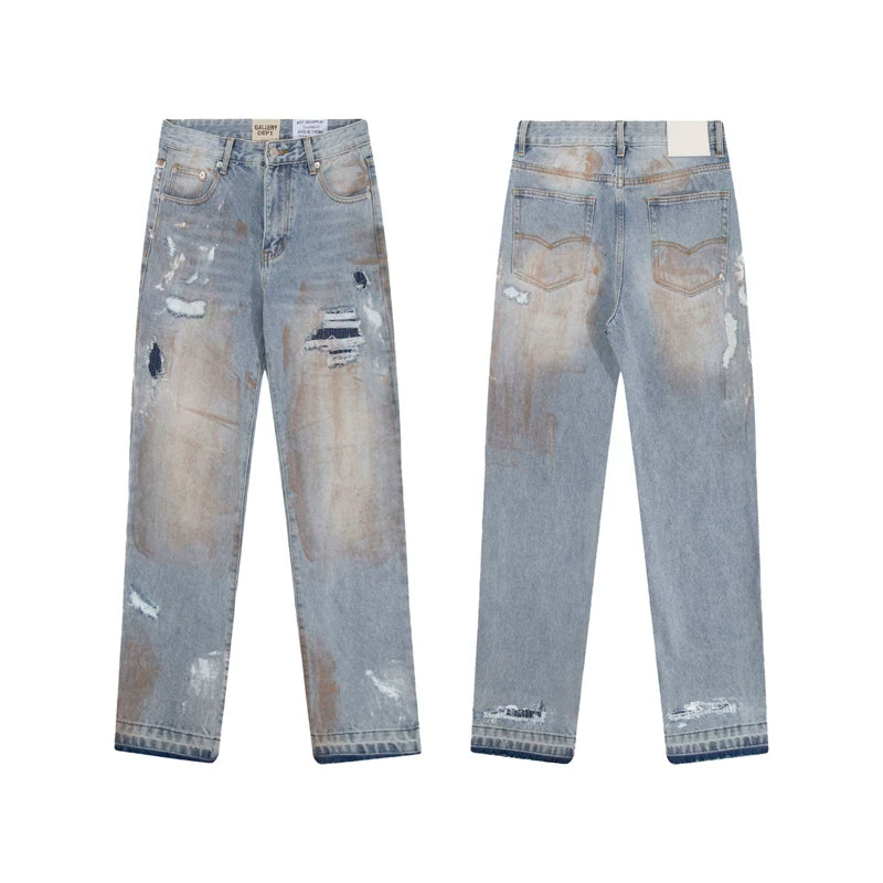 European and American fashion brand Gallery Dep vintage dirty and dirty style, splashed paint, ripped holes, washed water, straight leg, bound leg jeans