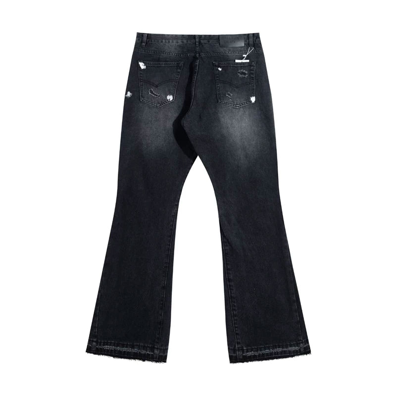 European and American fashion brand Gallery Dep splashed ink, ripped holes, washed water, black patchwork micro flared jeans, retro casual pants