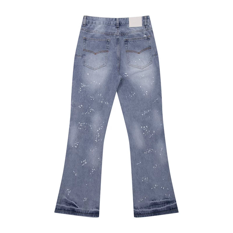Gallery Dep, a trendy brand in Europe and America, features ink splatter, hole cutting, water washing, blue micro flared jeans, versatile casual pants