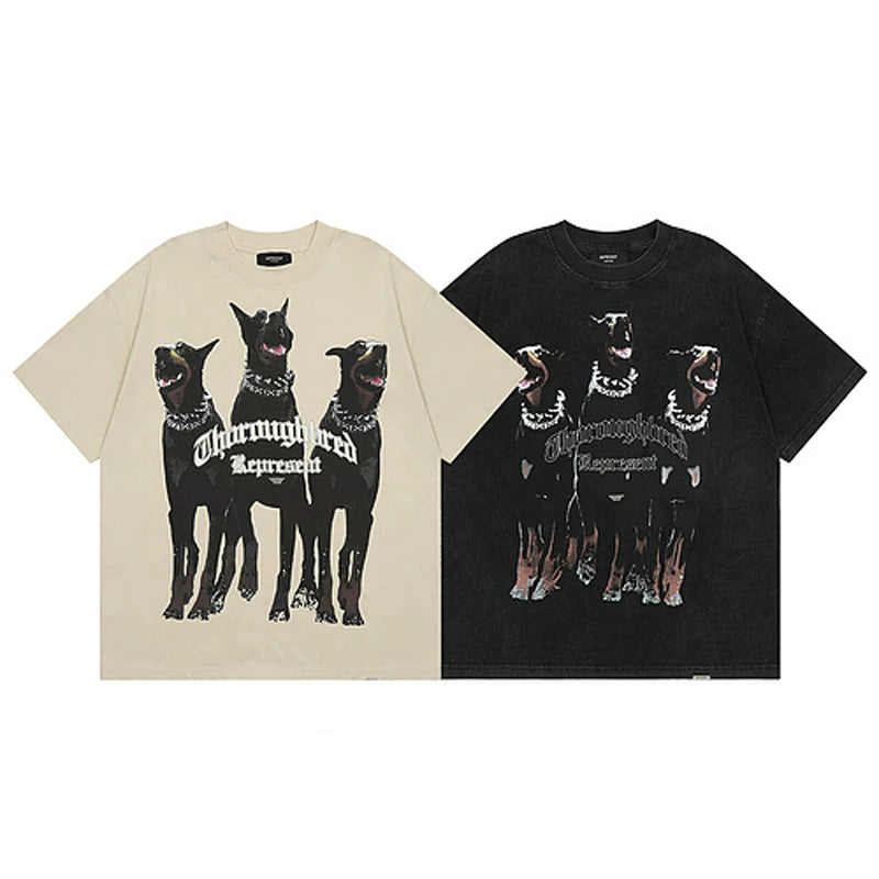 REPRESENT, a trendy brand from Europe and America, is a vintage washed black short sleeved T-shirt for Doberman Inu. It is a loose cotton T-shirt for both men and women