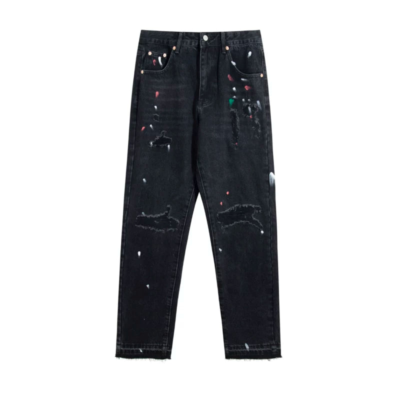 European and American fashion brand Gallery Dep vintage, splashed ink, ripped holes, washed water, black straight leg jeans, casual long pants