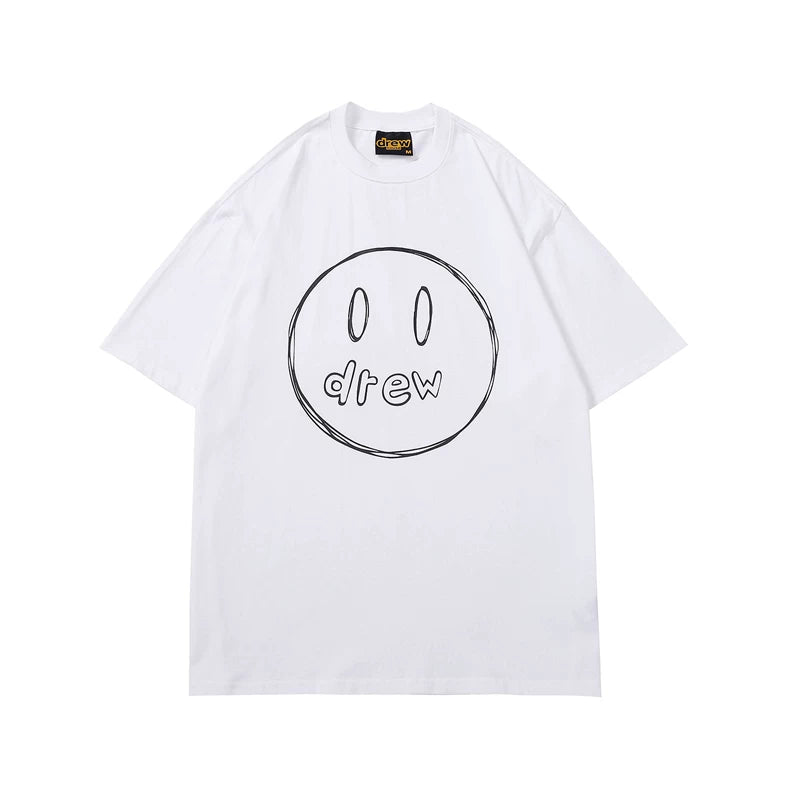 European and American fashion brand Drew's new thin line smiling face printed short sleeved T-shirt for both men and women, summer loose cotton top