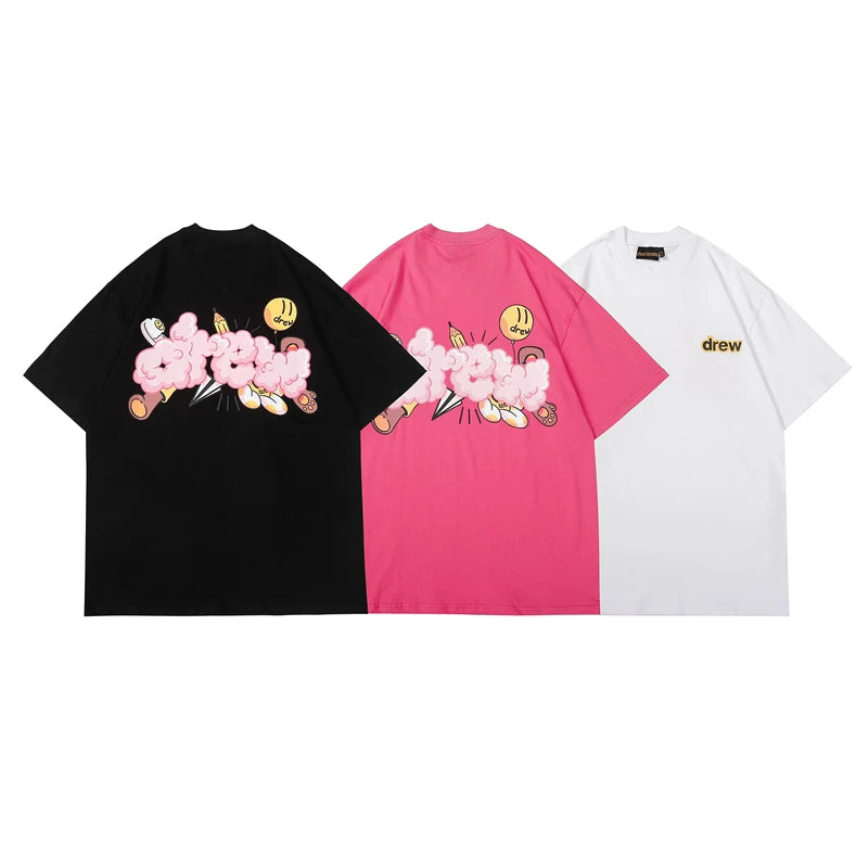 European and American fashion brand Drew 22SS cotton candy cloud balloon smiling face print men's and women's loose couple short sleeved T-shirt