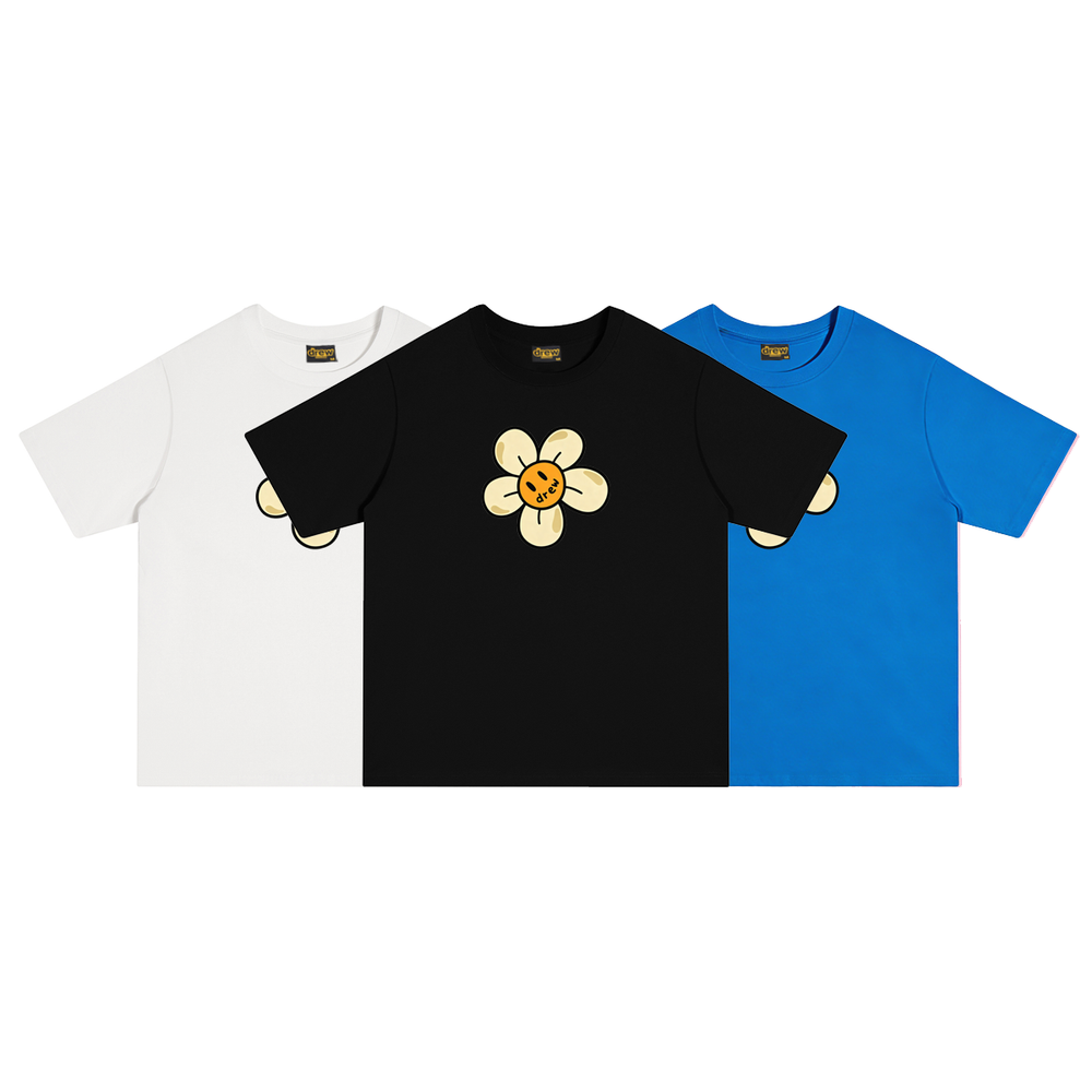 Spot European and American trendy brand Drew smiling sunflower print short sleeved T-shirt, summer loose casual T-shirt