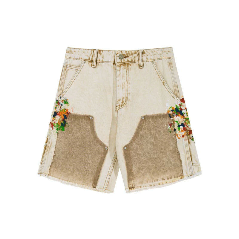 European and American fashion brand Gallery Dep splashed paint splicing work pants washed denim shorts retro five quarter pants